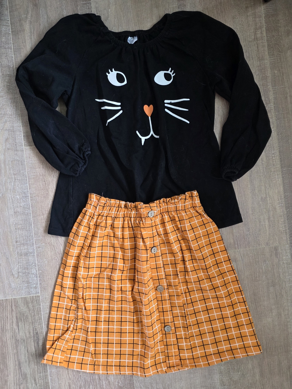 Kids Black Cat Top with Orange Plaid Skirt Matching Set Halloween Fall